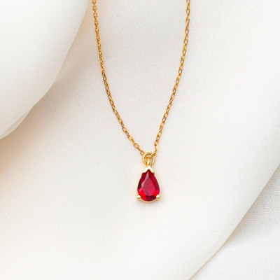 Silver Red Ruby Teardrop Necklace - July Birthstone Gift for Women & Daughters,