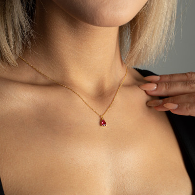 Silver Red Ruby Teardrop Necklace - July Birthstone Gift for Women & Daughters,