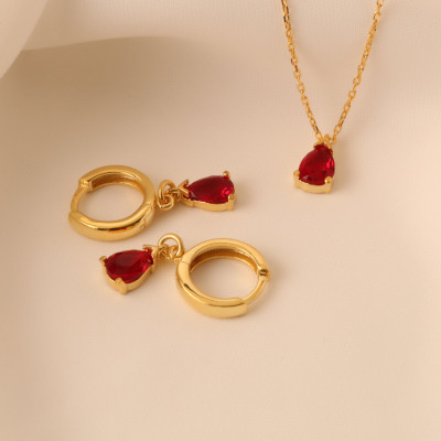 Gold Ruby Hoop Earrings and Pear Necklace Set - Red Ruby Jewelry Gift for Her