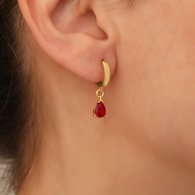 Gold Ruby Hoop Earrings and Pear Necklace Set - Red Ruby Jewelry Gift for Her