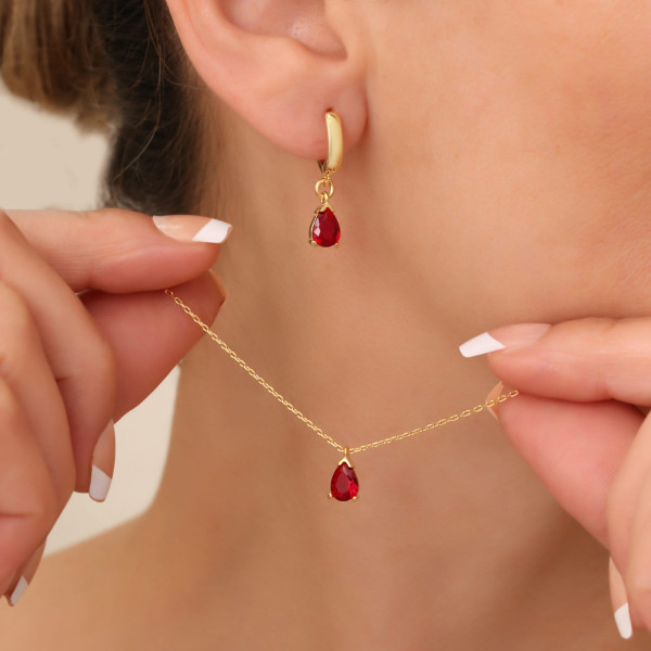 Gold Ruby Hoop Earrings and Pear Necklace Set - Red Ruby Jewelry Gift for Her