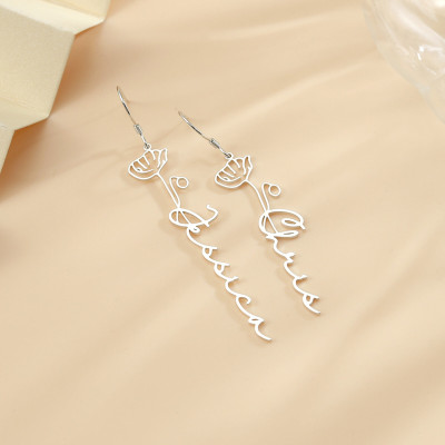 Personalized Silver Name Earrings with Birth Flower Design, Custom Floral Jewelry Gift for Her, Bridesmaid Gift