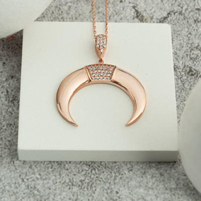 Gold and Rose Gold Plated Crescent Moon and Double Horn Lunar Necklace - Mother’s Day Gift for Her, Moon Jewelry,