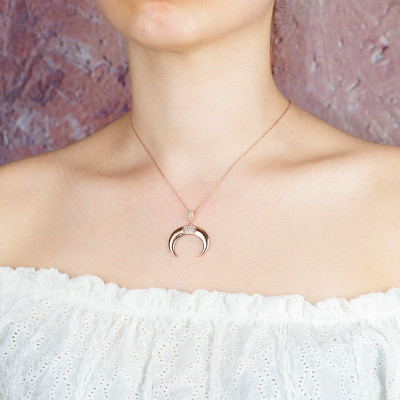 Gold and Rose Gold Plated Crescent Moon and Double Horn Lunar Necklace - Mother’s Day Gift for Her, Moon Jewelry,