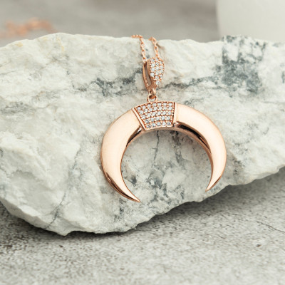 Gold and Rose Gold Plated Crescent Moon and Double Horn Lunar Necklace - Mother’s Day Gift for Her, Moon Jewelry,