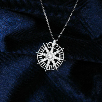 Sterling Silver North Star Compass Necklace for Women, Dainty Crystal Pendant Jewelry, Gift for Her