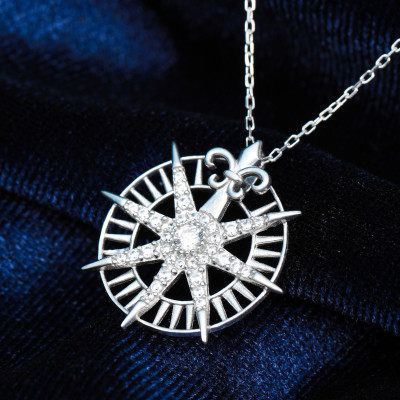 Sterling Silver North Star Compass Necklace for Women, Dainty Crystal Pendant Jewelry, Gift for Her