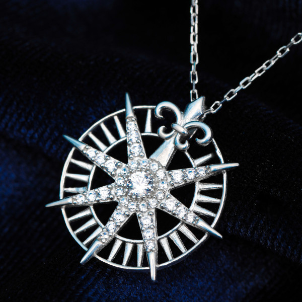 Sterling Silver North Star Compass Necklace for Women, Dainty Crystal Pendant Jewelry, Gift for Her