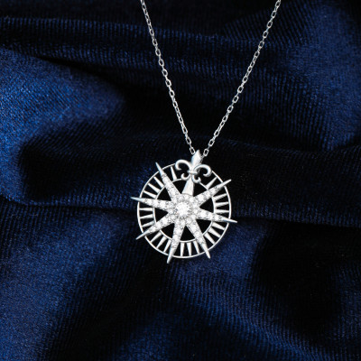 Sterling Silver North Star Compass Necklace for Women, Dainty Crystal Pendant Jewelry, Gift for Her