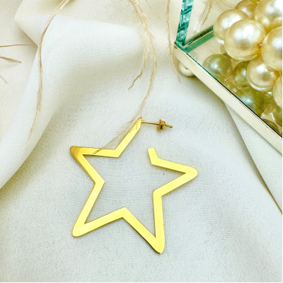 Personalized Gold Star Hoop Earrings 40mm, Large Cool Everyday Hoop Earrings Gift for Her