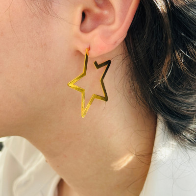 Personalized Gold Star Hoop Earrings 40mm, Large Cool Everyday Hoop Earrings Gift for Her