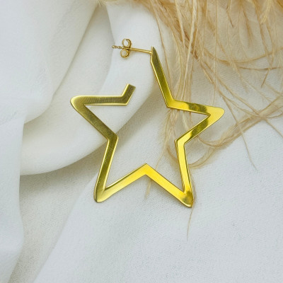 Personalized Gold Star Hoop Earrings 40mm, Large Cool Everyday Hoop Earrings Gift for Her