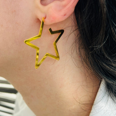 Personalized Gold Star Hoop Earrings 40mm, Large Cool Everyday Hoop Earrings Gift for Her