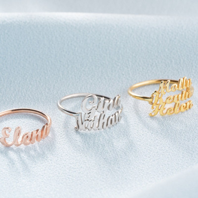 Personalized 14k Gold Plated Sterling Silver Double Name Ring, Minimalist Three Name Christmas Gift for Women