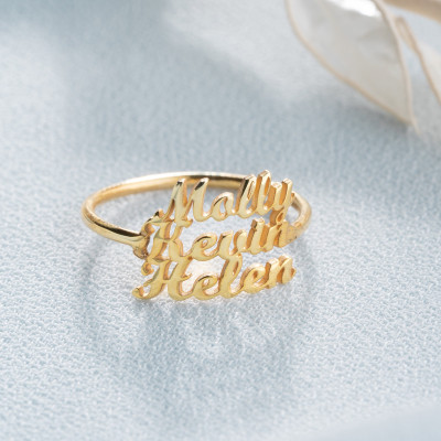 Personalized 14k Gold Plated Sterling Silver Double Name Ring, Minimalist Three Name Christmas Gift for Women