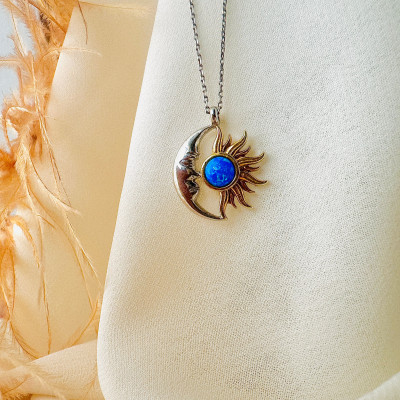 Blue Fire Opal Sun and Moon Necklace - Valentine's Day Gift for Girlfriend