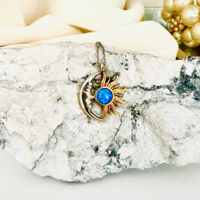 Blue Fire Opal Sun and Moon Necklace - Valentine's Day Gift for Girlfriend