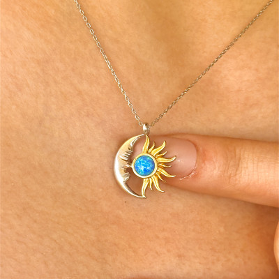 Blue Fire Opal Sun and Moon Necklace - Valentine's Day Gift for Girlfriend