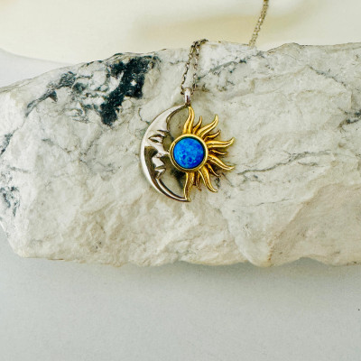 Blue Fire Opal Sun and Moon Necklace - Valentine's Day Gift for Girlfriend