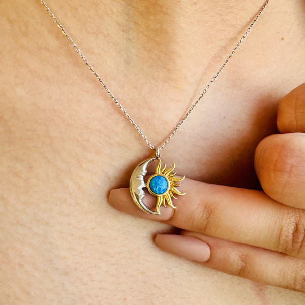 Blue Fire Opal Sun and Moon Necklace - Valentine's Day Gift for Girlfriend