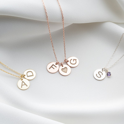 14k Gold Initial Necklace with Custom Birthstone Pendant and Personalized Engraved Disc for Women in Silver -