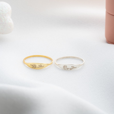 Personalized Birth Flower Stacking Ring - Custom Engraved Silver & Gold Birth Month Floral Rings