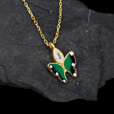 Green Crystal Butterfly Pendant Choker Necklace for Kids and Bridesmaids -