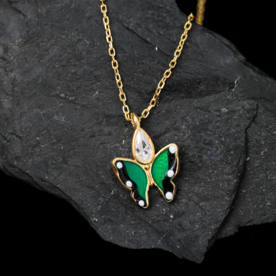 Green Crystal Butterfly Pendant Choker Necklace for Kids and Bridesmaids -