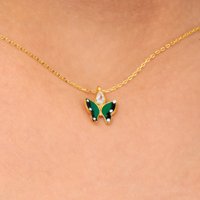 Green Crystal Butterfly Pendant Choker Necklace for Kids and Bridesmaids -