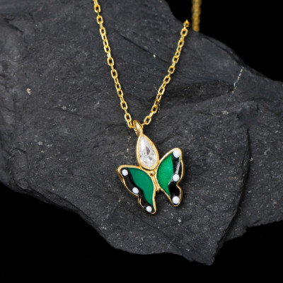 Green Crystal Butterfly Pendant Choker Necklace for Kids and Bridesmaids -