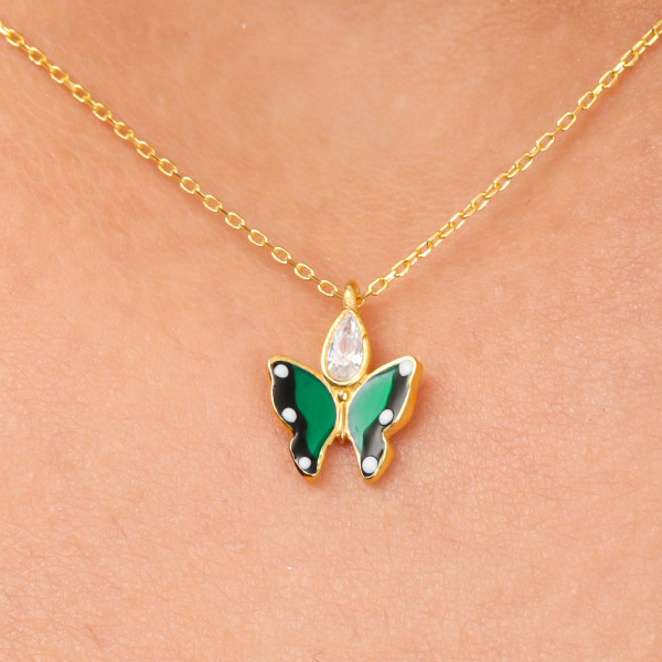 Green Crystal Butterfly Pendant Choker Necklace for Kids and Bridesmaids -