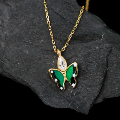 Green Crystal Butterfly Necklace, Gift for Daughter,, Tiny Drop King Butterfly Necklace