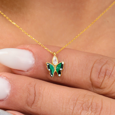 Green Crystal Butterfly Necklace, Gift for Daughter,, Tiny Drop King Butterfly Necklace