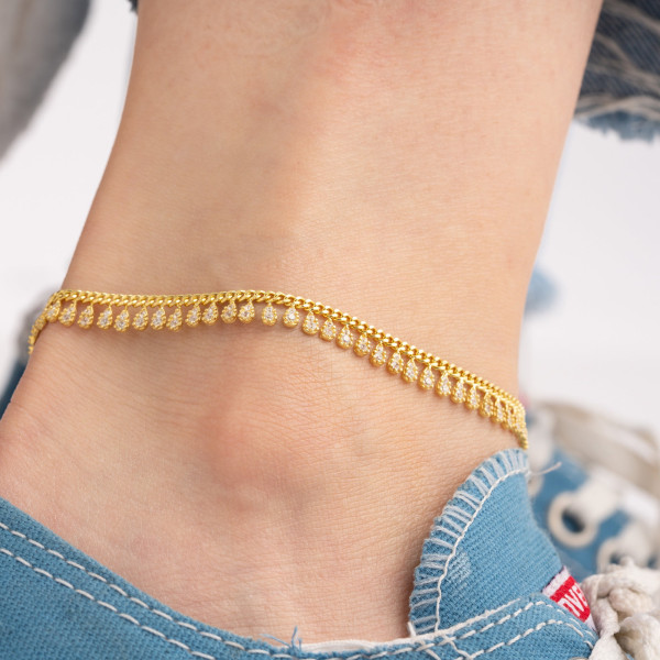 Gold Crystal Drop Anklet, Sterling Silver Cuban Chain Bracelet, Gifts for Her