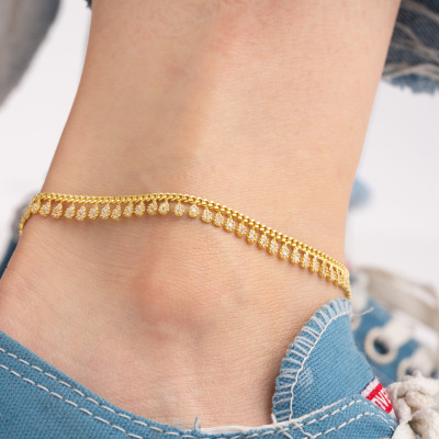 Gold Drop Crystal Curb Chain Anklet, Sterling Silver Cuban Chain Gemstone Ankle Bracelet, Gifts for Her