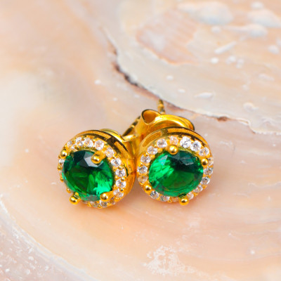 Small Round Emerald Stud Earrings, Dainty Gemstone Earrings