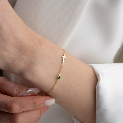 Women's Dainty Gold Cross Bracelet with Birthstone Charm - Silver Cross Birthstone Bracelet - Christmas Gifts