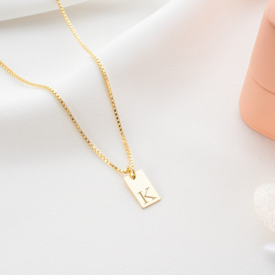 Personalized Gold Initial Bar Necklace - Engraved Letter Pendant on Box Chain - Bridesmaid Gifts by Neshely Jewelry