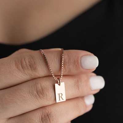 Personalized Gold Initial Bar Necklace - Engraved Letter Pendant on Box Chain - Bridesmaid Gifts by Neshely Jewelry