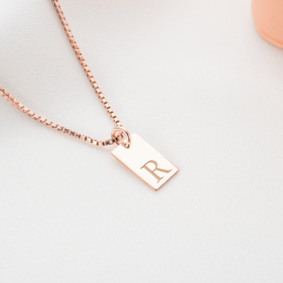 Personalized Gold Initial Bar Necklace - Engraved Letter Pendant on Box Chain - Bridesmaid Gifts by Neshely Jewelry