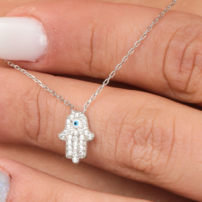 Diamond Hamsa Hand Evil Eye Choker Necklace - Good Luck Gift for Anniversary or Mommy