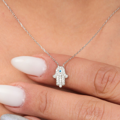 Diamond Hamsa Hand Evil Eye Choker Necklace - Good Luck Gift for Anniversary or Mommy