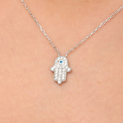 Diamond Hamsa Hand Evil Eye Choker Necklace - Good Luck Gift for Anniversary or Mommy