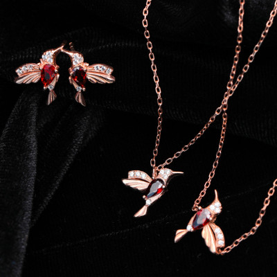 Sterling Silver Ruby Hummingbird Jewelry Set - Necklace, Bracelet & Earrings - Gift for Mom