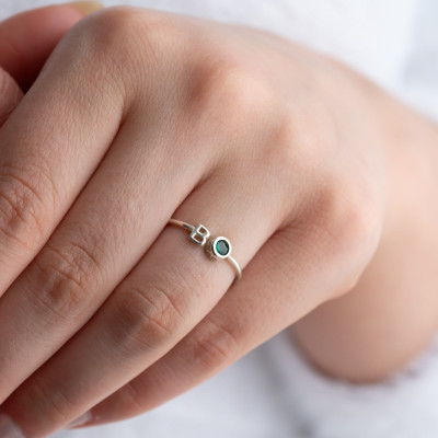 Personalized Silver Initial Birthstone Ring for Mom - Minimalist Jewelry Birthday Gift