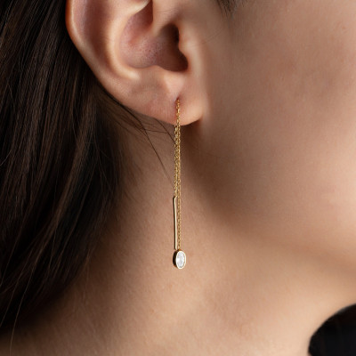 Minimalist 14k Gold Filled Threader Earrings with Tiny Oval Crystal Gemstone for Women