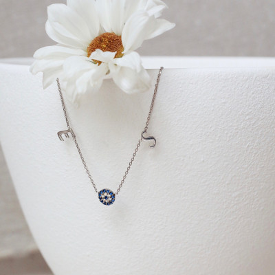 Personalized Two Initials Evil Eye Silver Necklace, Custom Dainty Letter Necklace, Valentine's Gift