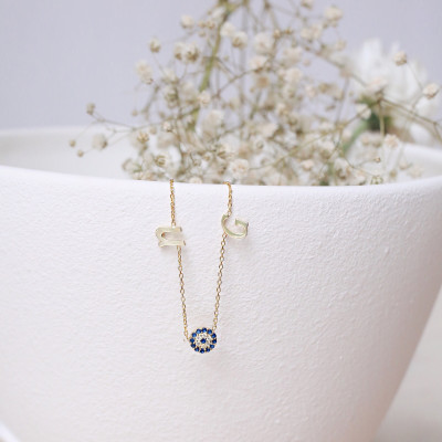 Personalized Two Initials Evil Eye Silver Necklace, Custom Dainty Letter Necklace, Valentine's Gift