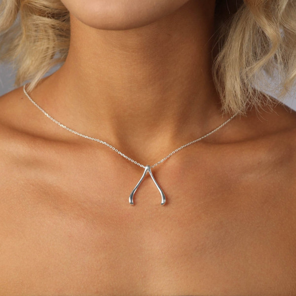 14k White Gold Wishbone Ring Holder Necklace for Men & Women - Good Luck Wedding Gift