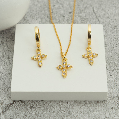 Gold & Rose-Plated Minimalist Women's Cross Necklace & Earrings Set - Mother's Day Gift for Her (UK)